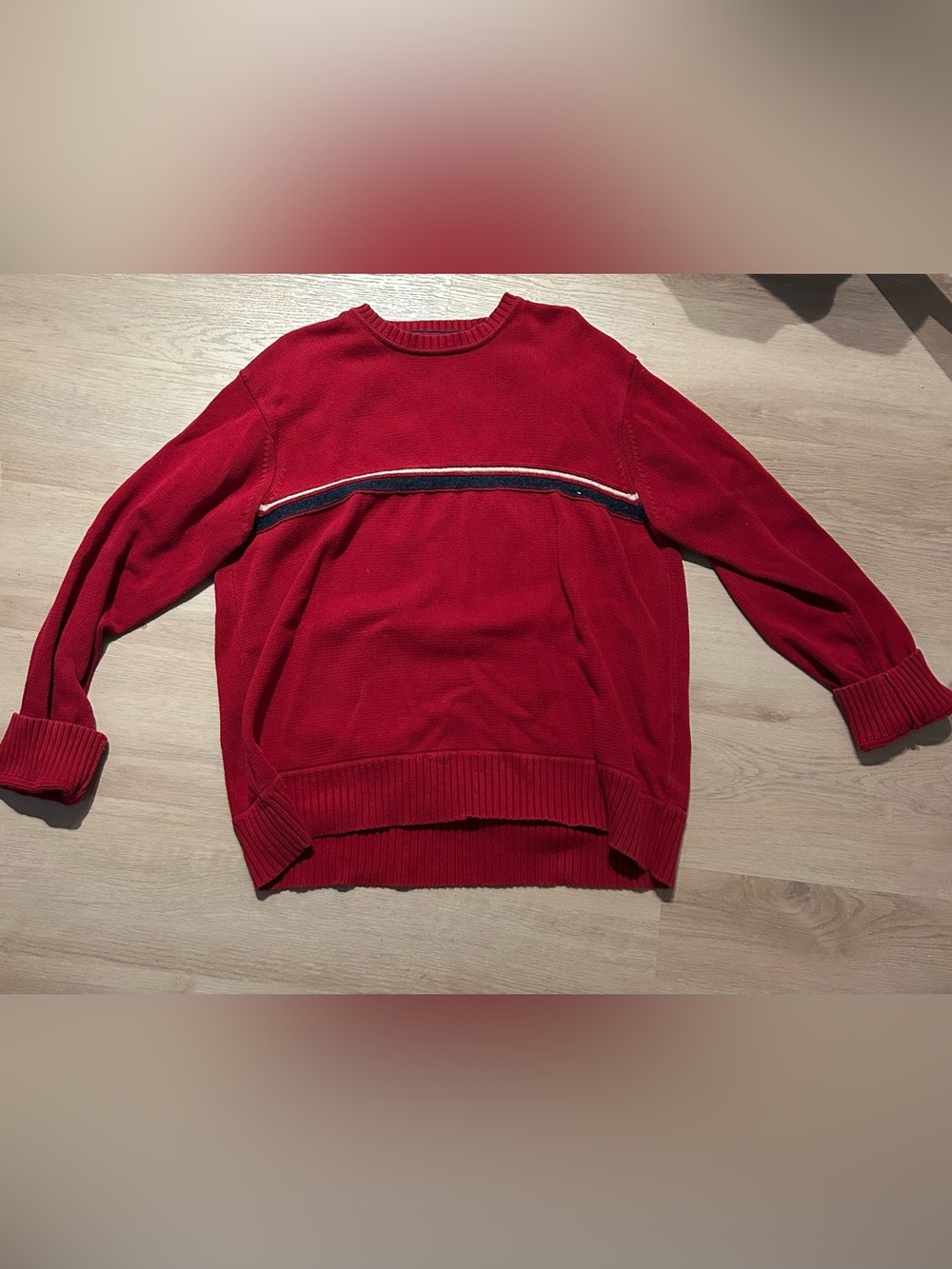 Tommy Hilfiger Red Crewneck Sweater with Navy & White Stripe